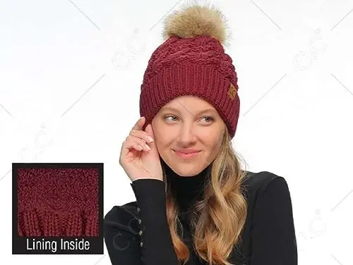 C.C Thick Cable Knit Faux Fuzzy Fur Pom Fleece Lined Skull Cap Cuff Beanie - 2
