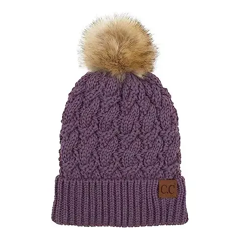 C.C Thick Cable Knit Faux Fuzzy Fur Pom Fleece Lined Skull Cap Cuff Beanie - C.C