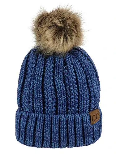 C.C Thick Cable Knit Faux Fuzzy Fur Pom Fleece Lined Skull Cap Cuff Beanie 