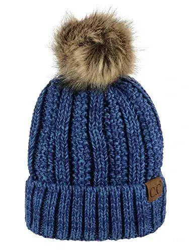 C.C Thick Cable Knit Faux Fuzzy Fur Pom Fleece Lined Skull Cap Cuff Beanie - 1