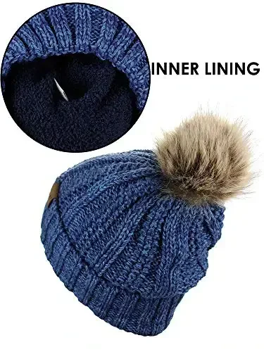 C.C Thick Cable Knit Faux Fuzzy Fur Pom Fleece Lined Skull Cap Cuff Beanie - 4