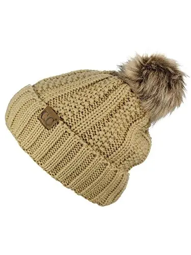C.C Thick Cable Knit Faux Fuzzy Fur Pom Fleece Lined Skull Cap Cuff Beanie - 2