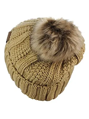 C.C Thick Cable Knit Faux Fuzzy Fur Pom Fleece Lined Skull Cap Cuff Beanie - 4