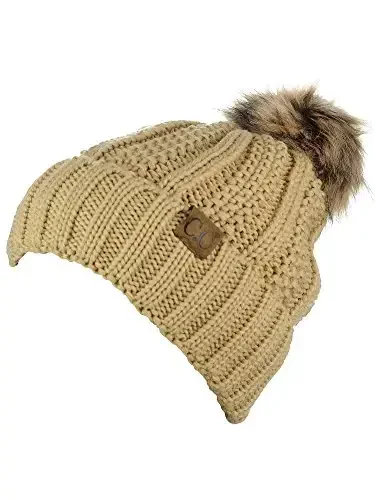 C.C Thick Cable Knit Faux Fuzzy Fur Pom Fleece Lined Skull Cap Cuff Beanie - 3