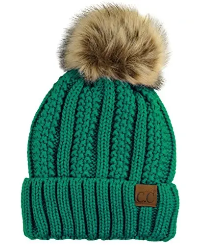 C.C Thick Cable Knit Faux Fuzzy Fur Pom Fleece Lined Skull Cap Cuff Beanie 
