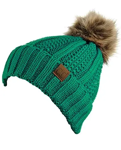 C.C Thick Cable Knit Faux Fuzzy Fur Pom Fleece Lined Skull Cap Cuff Beanie - 3