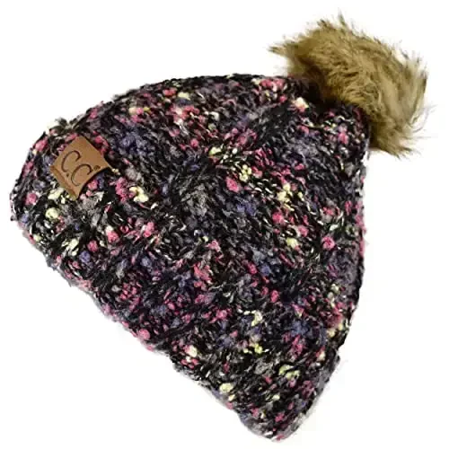 C.C Thick Cable Knit Faux Fuzzy Fur Pom Fleece Lined Skull Cap Cuff Beanie - 3