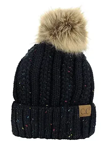 C.C Thick Cable Knit Faux Fuzzy Fur Pom Fleece Lined Skull Cap Cuff Beanie - C.C