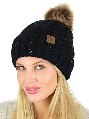 C.C Thick Cable Knit Faux Fuzzy Fur Pom Fleece Lined Skull Cap Cuff Beanie - 3