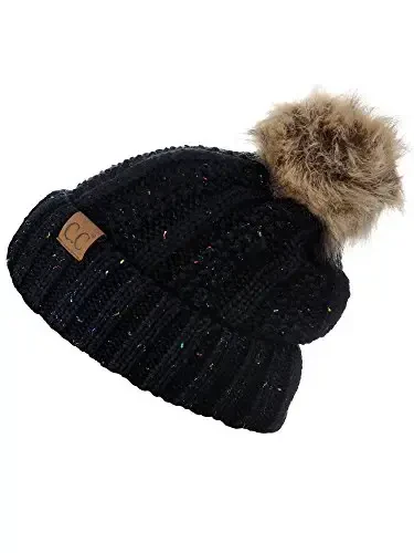 C.C Thick Cable Knit Faux Fuzzy Fur Pom Fleece Lined Skull Cap Cuff Beanie - 4