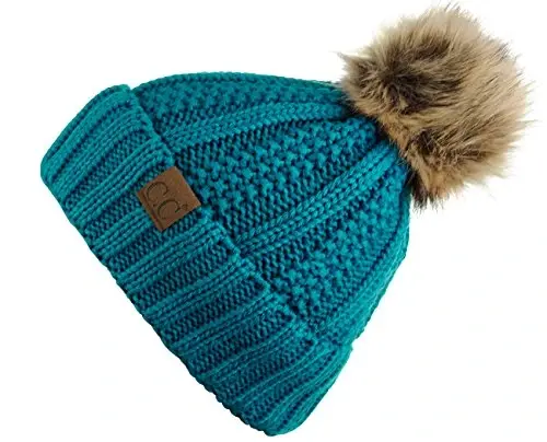 C.C Thick Cable Knit Faux Fuzzy Fur Pom Fleece Lined Skull Cap Cuff Beanie - 2