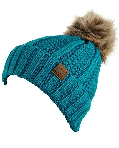 C.C Thick Cable Knit Faux Fuzzy Fur Pom Fleece Lined Skull Cap Cuff Beanie - 3