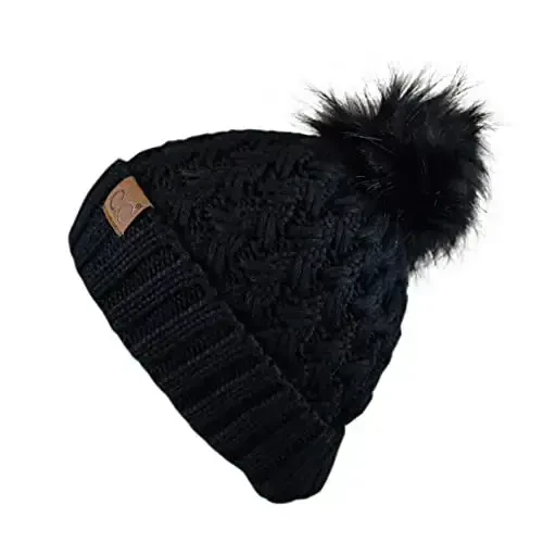 C.C Thick Cable Knit Faux Fuzzy Fur Pom Fleece Lined Skull Cap Cuff Beanie - 3