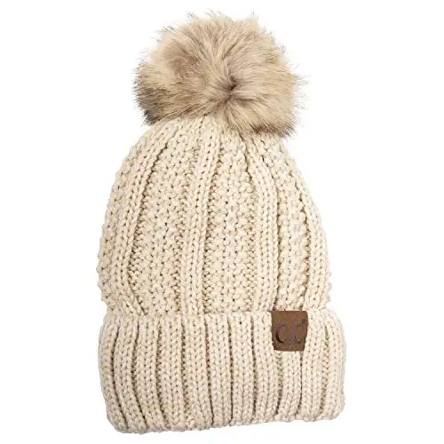 C.C Thick Cable Knit Faux Fuzzy Fur Pom Fleece Lined Skull Cap Cuff Beanie - C.C