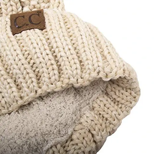 C.C Thick Cable Knit Faux Fuzzy Fur Pom Fleece Lined Skull Cap Cuff Beanie - 2