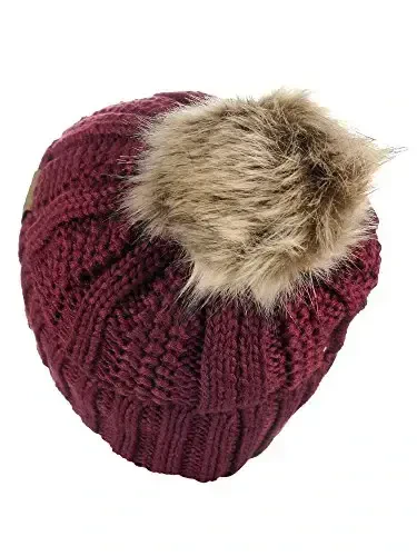 C.C Thick Cable Knit Faux Fuzzy Fur Pom Fleece Lined Skull Cap Cuff Beanie - 4
