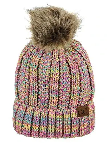 C.C Thick Cable Knit Faux Fuzzy Fur Pom Fleece Lined Skull Cap Cuff Beanie - C.C