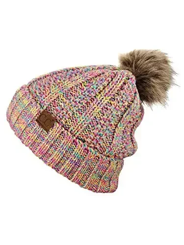 C.C Thick Cable Knit Faux Fuzzy Fur Pom Fleece Lined Skull Cap Cuff Beanie - 3