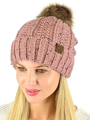 C.C Thick Cable Knit Faux Fuzzy Fur Pom Fleece Lined Skull Cap Cuff Beanie - 3