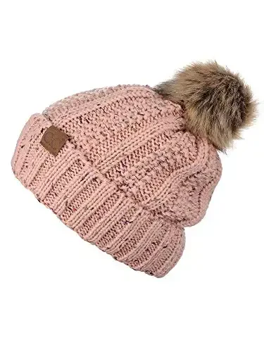 C.C Thick Cable Knit Faux Fuzzy Fur Pom Fleece Lined Skull Cap Cuff Beanie - 4