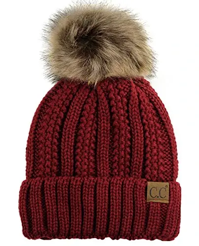 C.C Thick Cable Knit Faux Fuzzy Fur Pom Fleece Lined Skull Cap Cuff Beanie - C.C