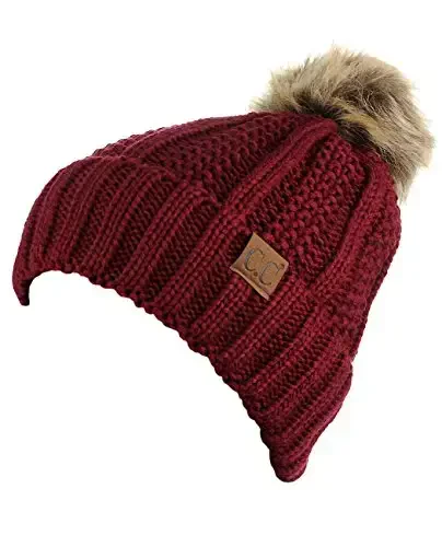 C.C Thick Cable Knit Faux Fuzzy Fur Pom Fleece Lined Skull Cap Cuff Beanie - 3