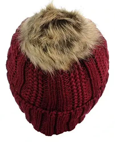 C.C Thick Cable Knit Faux Fuzzy Fur Pom Fleece Lined Skull Cap Cuff Beanie - 4