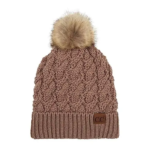 C.C Thick Cable Knit Faux Fuzzy Fur Pom Fleece Lined Skull Cap Cuff Beanie - 1