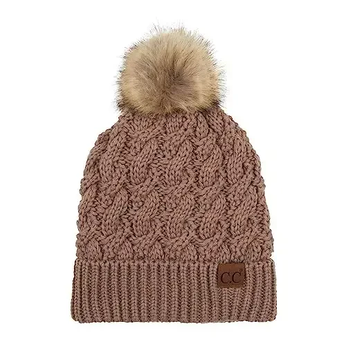 C.C Thick Cable Knit Faux Fuzzy Fur Pom Fleece Lined Skull Cap Cuff Beanie - 1