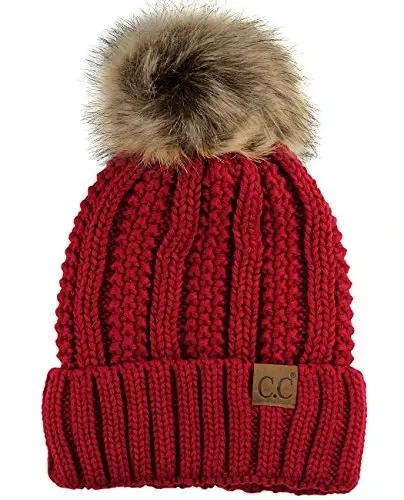 C.C Thick Cable Knit Faux Fuzzy Fur Pom Fleece Lined Skull Cap Cuff Beanie - 1