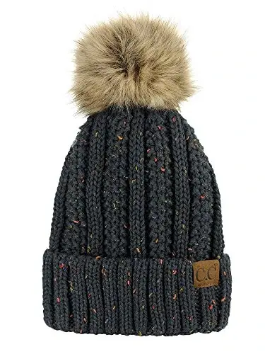 C.C Thick Cable Knit Faux Fuzzy Fur Pom Fleece Lined Skull Cap Cuff Beanie - C.C