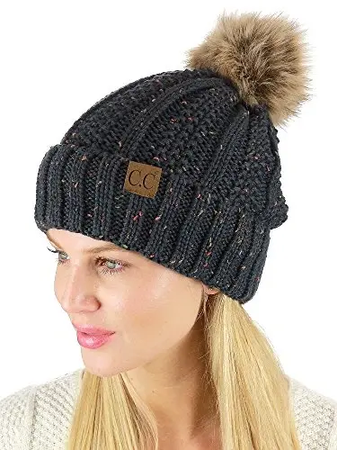 C.C Thick Cable Knit Faux Fuzzy Fur Pom Fleece Lined Skull Cap Cuff Beanie - C.C (1)
