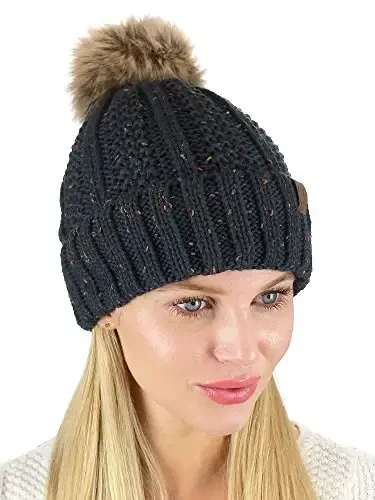 C.C Thick Cable Knit Faux Fuzzy Fur Pom Fleece Lined Skull Cap Cuff Beanie - 3