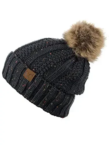 C.C Thick Cable Knit Faux Fuzzy Fur Pom Fleece Lined Skull Cap Cuff Beanie - 4