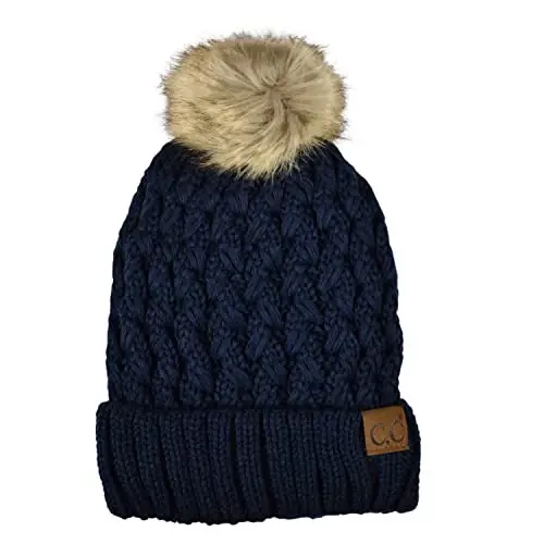 C.C Thick Cable Knit Faux Fuzzy Fur Pom Fleece Lined Skull Cap Cuff Beanie - 1