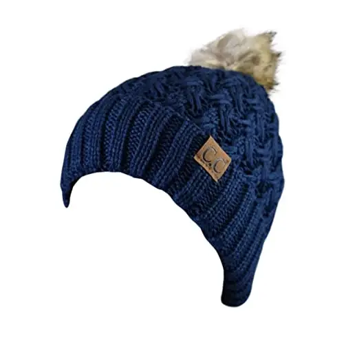 C.C Thick Cable Knit Faux Fuzzy Fur Pom Fleece Lined Skull Cap Cuff Beanie - 2