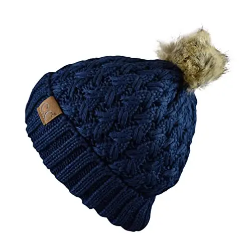 C.C Thick Cable Knit Faux Fuzzy Fur Pom Fleece Lined Skull Cap Cuff Beanie - 3