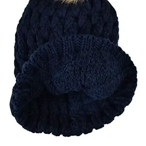 C.C Thick Cable Knit Faux Fuzzy Fur Pom Fleece Lined Skull Cap Cuff Beanie - 4