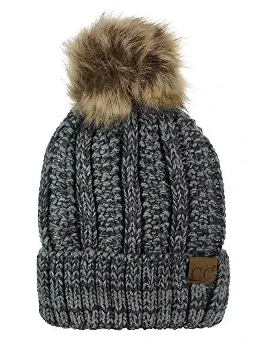 C.C Thick Cable Knit Faux Fuzzy Fur Pom Fleece Lined Skull Cap Cuff Beanie - C.C