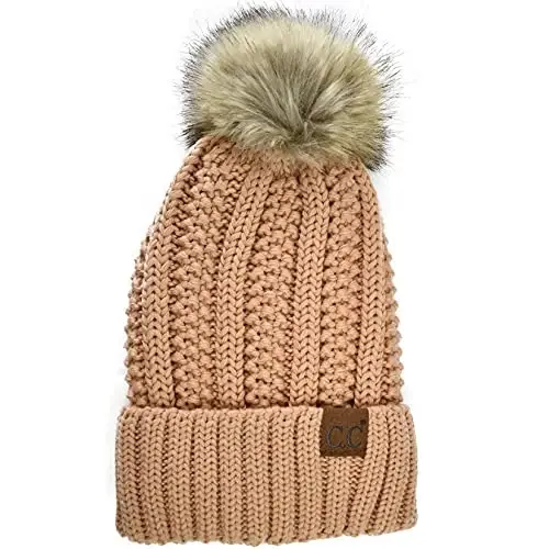 C.C Thick Cable Knit Faux Fuzzy Fur Pom Fleece Lined Skull Cap Cuff Beanie - 1