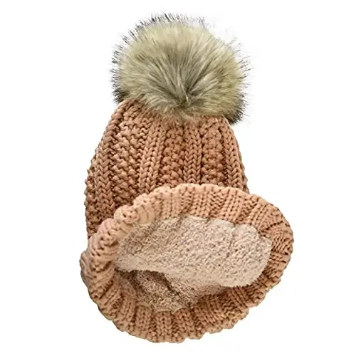 C.C Thick Cable Knit Faux Fuzzy Fur Pom Fleece Lined Skull Cap Cuff Beanie - 2