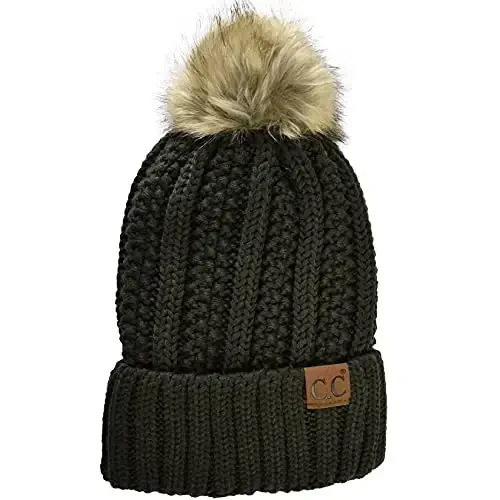 C.C Thick Cable Knit Faux Fuzzy Fur Pom Fleece Lined Skull Cap Cuff Beanie - 1