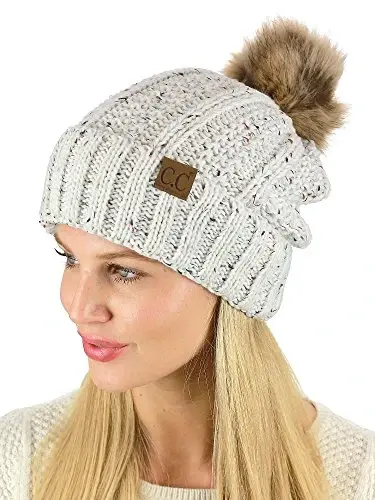 C.C Thick Cable Knit Faux Fuzzy Fur Pom Fleece Lined Skull Cap Cuff Beanie - C.C (1)