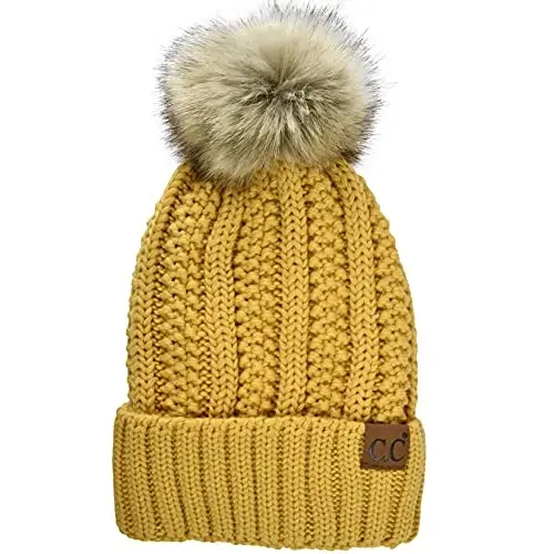C.C Thick Cable Knit Faux Fuzzy Fur Pom Fleece Lined Skull Cap Cuff Beanie - C.C