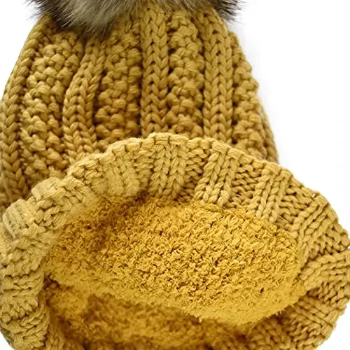 C.C Thick Cable Knit Faux Fuzzy Fur Pom Fleece Lined Skull Cap Cuff Beanie - C.C (1)