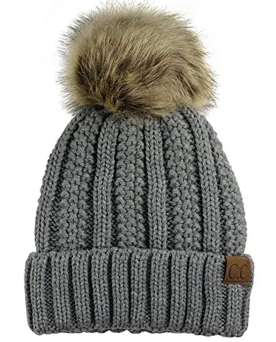 C.C Thick Cable Knit Faux Fuzzy Fur Pom Fleece Lined Skull Cap Cuff Beanie - C.C