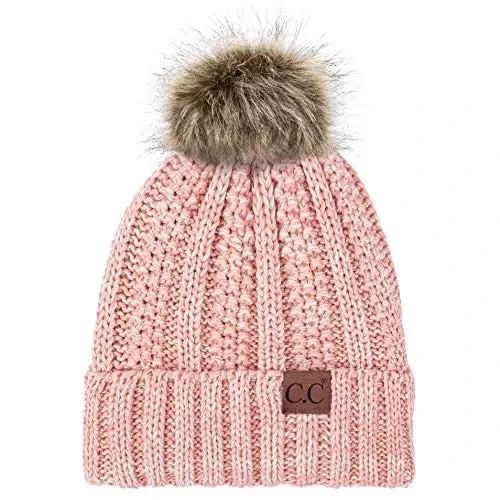 C.C Thick Cable Knit Faux Fuzzy Fur Pom Fleece Lined Skull Cap Cuff Beanie - 1