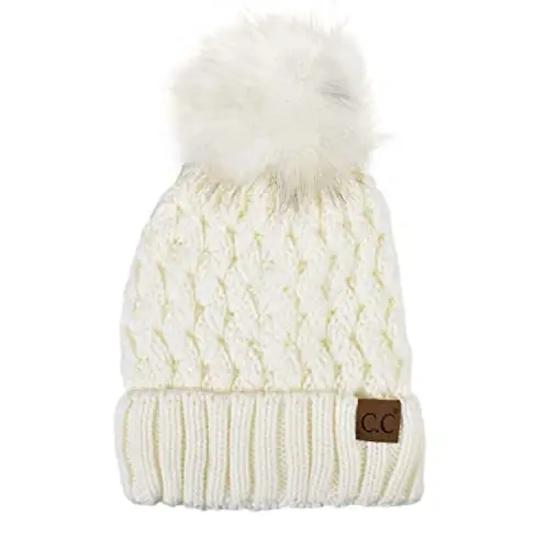 C.C Thick Cable Knit Faux Fuzzy Fur Pom Fleece Lined Skull Cap Cuff Beanie - 1