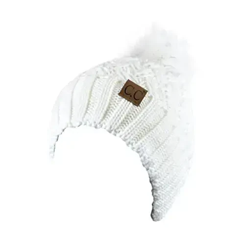 C.C Thick Cable Knit Faux Fuzzy Fur Pom Fleece Lined Skull Cap Cuff Beanie - 2