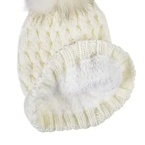 C.C Thick Cable Knit Faux Fuzzy Fur Pom Fleece Lined Skull Cap Cuff Beanie - 4